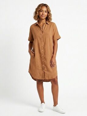 Lanhtropy Alba Shirt Dress Button Down Pockets Linen Camel S/M